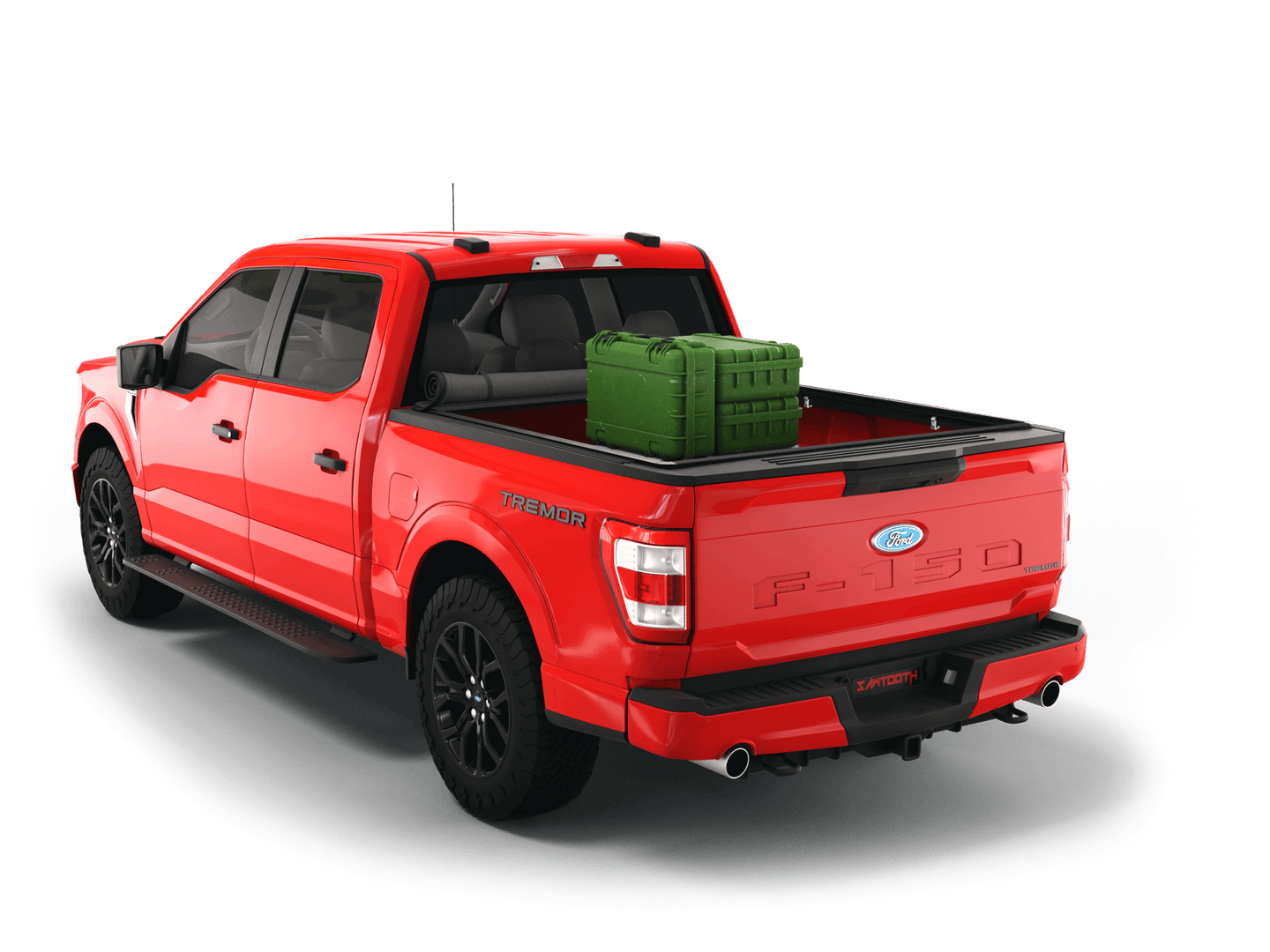 Red Ford F-150 with gear in the truck bed and the Sawtooth Stretch tonneau cover rolled up at cab